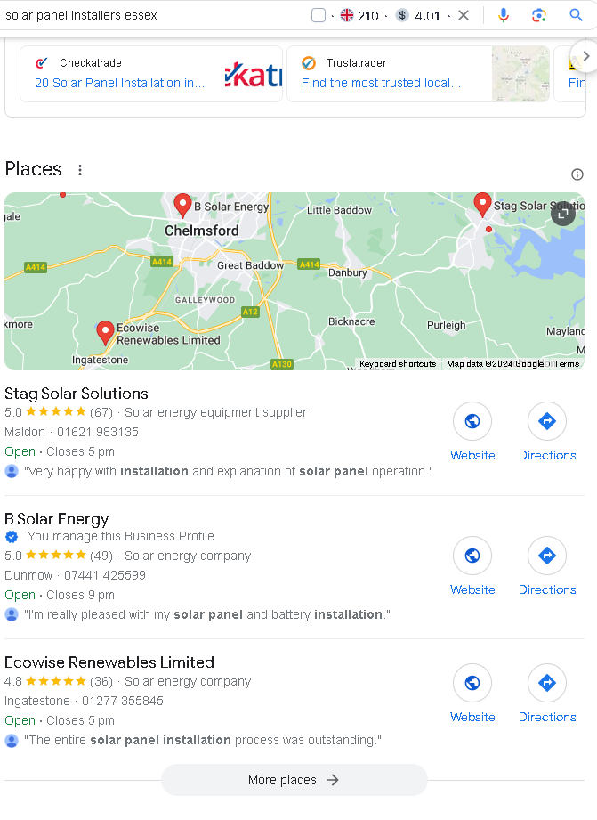 B Solar Energy — Top positions for Essex solar installer queries
